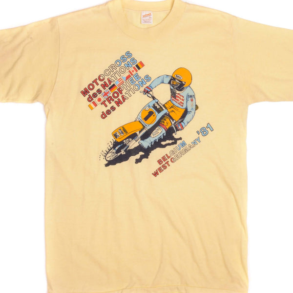 Vintage Motocross des Nations & Trophee Des Nations Sportswear Tee Shirt 1981 Size Medium Made In USA with single stitch sleeves.