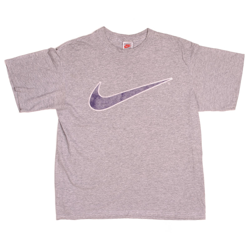 Vintage Nike Big Swoosh Logo Tee Shirt 1990s Size M Made In USA with single stitch sleeves.