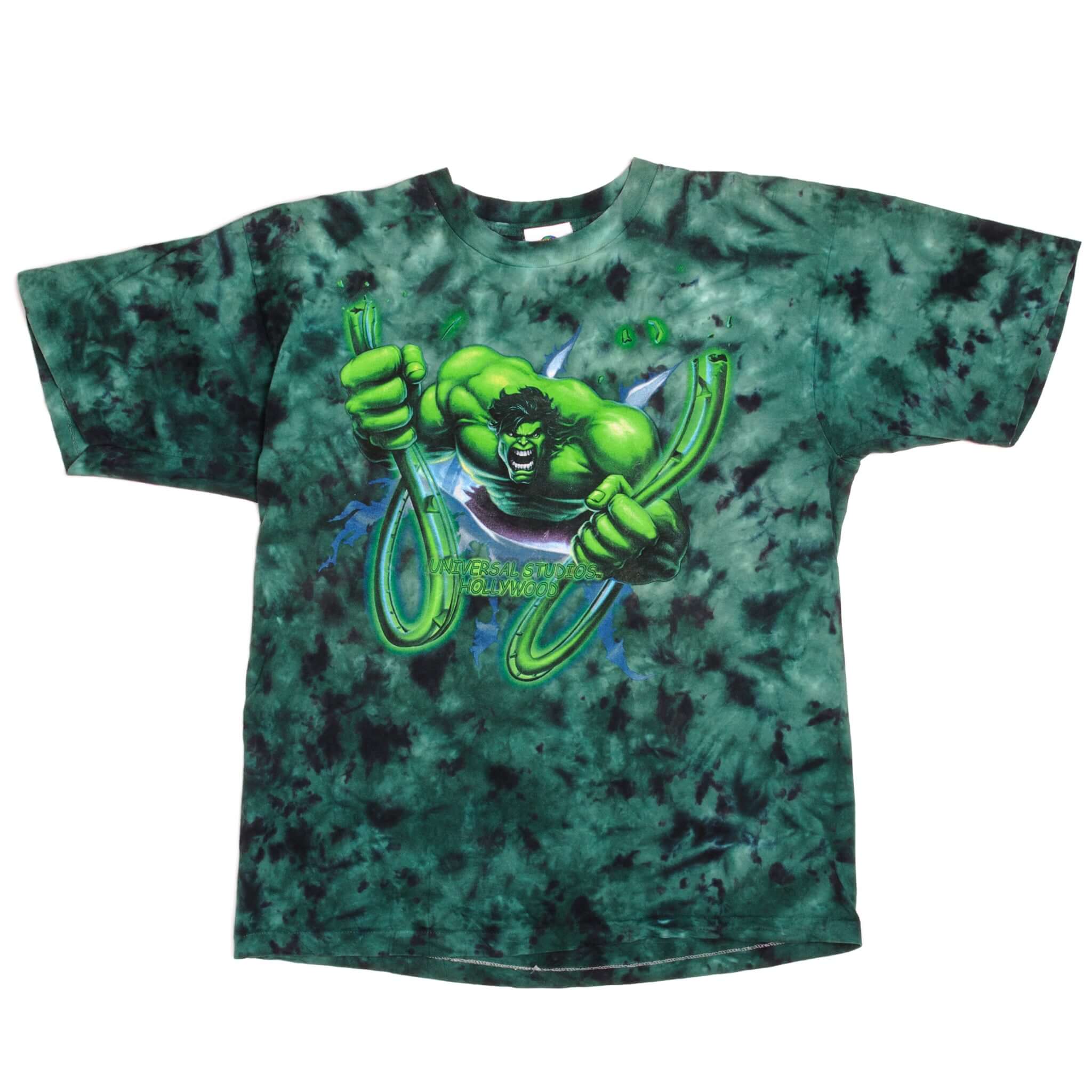 Vintage Tie-Dye Universal Studios Hollywood Marvel The Incredible Hulk Coaster Tee Shirt 90s Size XLarge with single stitch sleeves.