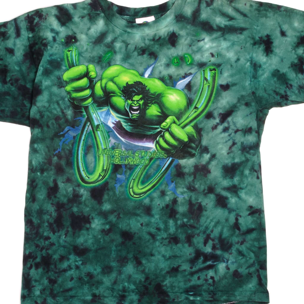 Vintage Tie-Dye Universal Studios Hollywood Marvel The Incredible Hulk Coaster Tee Shirt 90s Size XLarge with single stitch sleeves.