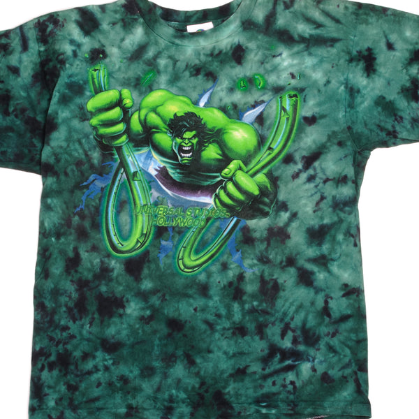 Vintage Tie-Dye Universal Studios Hollywood Marvel The Incredible Hulk Coaster Tee Shirt 90s Size XLarge with single stitch sleeves.