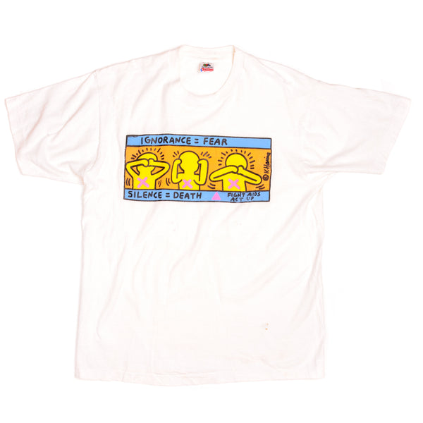Vintage Keith Haring Ignorance = Fear, Silence = Death Fight AID Act Up Fruit of the Loom Tee Shirt 1990s Size Large Made In USA With Single Stitch Sleeves.