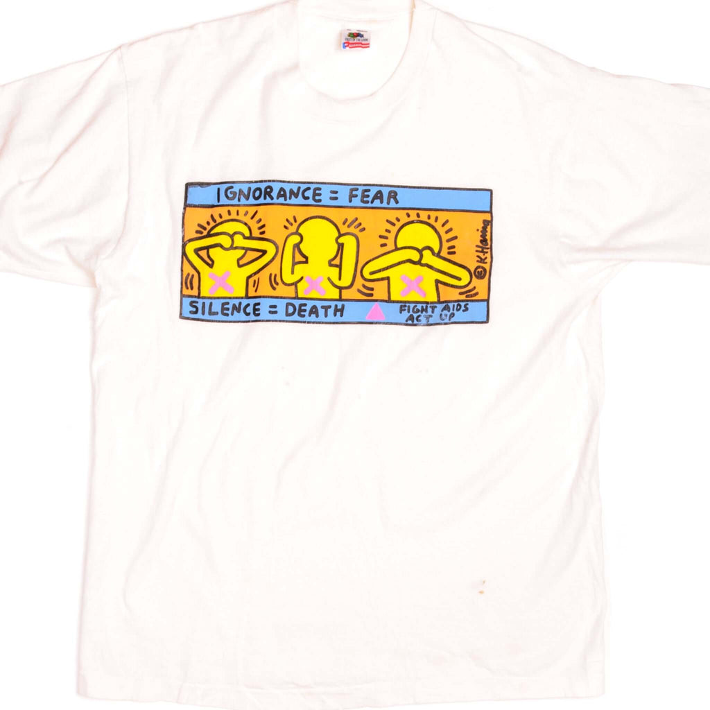 Vintage Keith Haring Ignorance = Fear, Silence = Death Fight AID Act Up Fruit of the Loom Tee Shirt 1990s Size Large Made In USA With Single Stitch Sleeves.