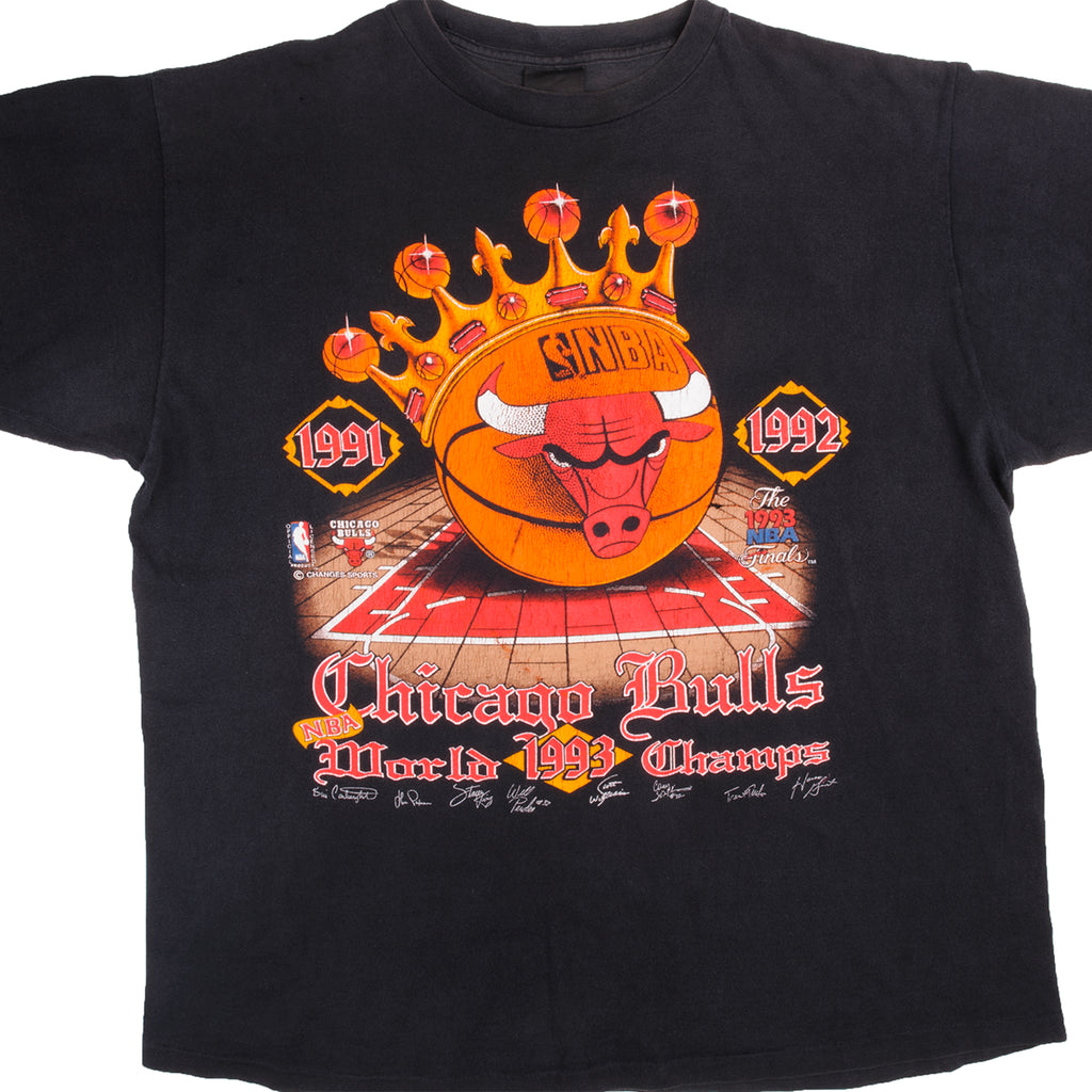 Vintage NBA Chicago Bulls World Champs 1993 Tee Shirt With Single Stitch Sleeves From The 1993 NBA Finals. Size XL. Made In USA