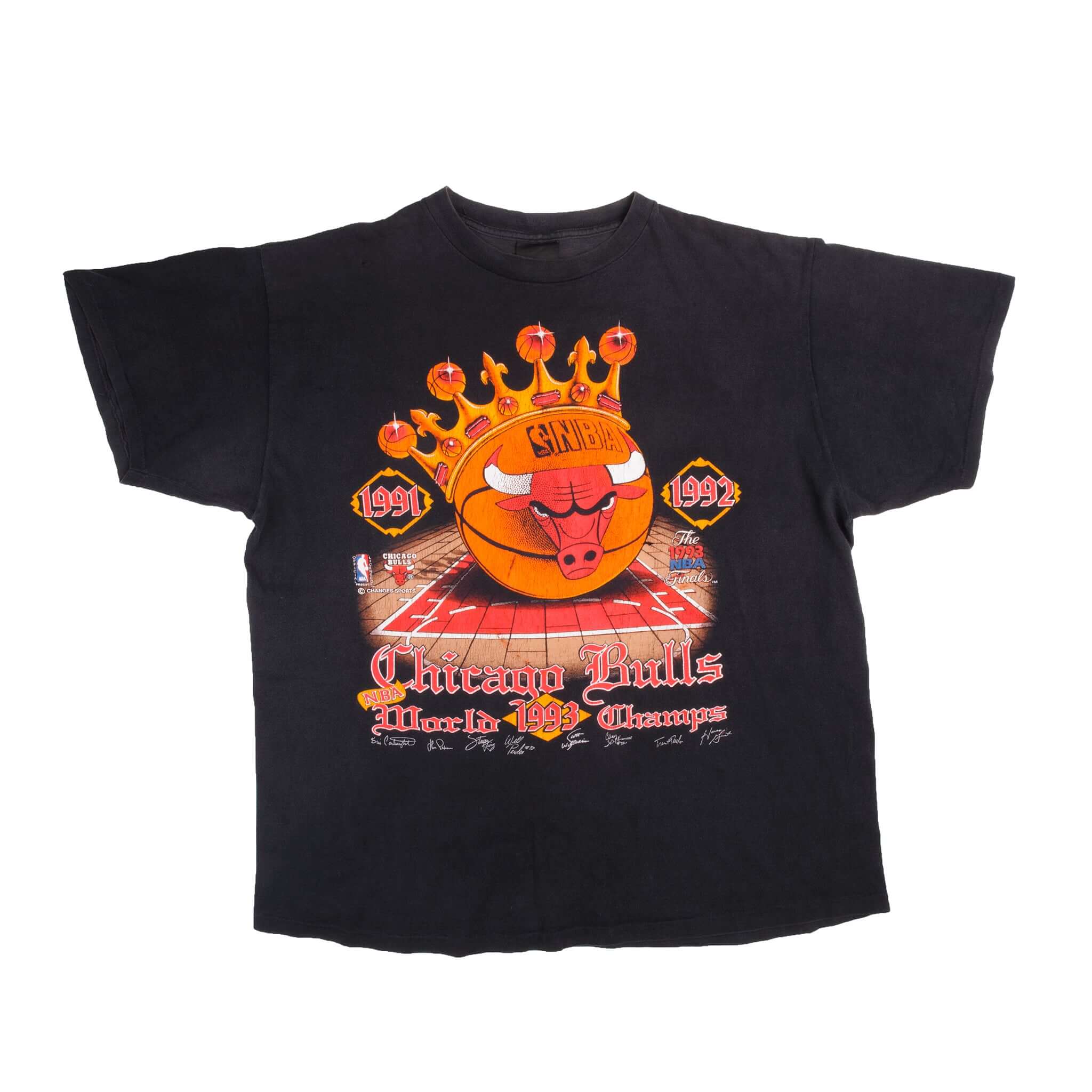 Vintage NBA Chicago Bulls World Champs 1993 Tee Shirt With Single Stitch Sleeves From The 1993 NBA Finals. Size XL. Made In USA