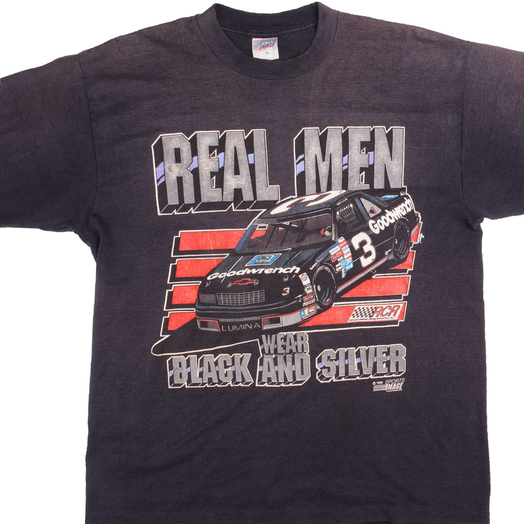 Vintage Nascar "Real Men Wear Black And Silver" Tee Shirt Size Large With Single Stitch Sleeves. Made In USA