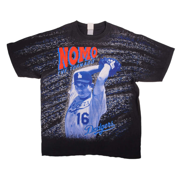 Vintage All Over Print MLB Los Angeles Dodgers Nomo The Tornado 1995 Tee Shirt Size XXL Made In USA With Single Stitch Sleeves.