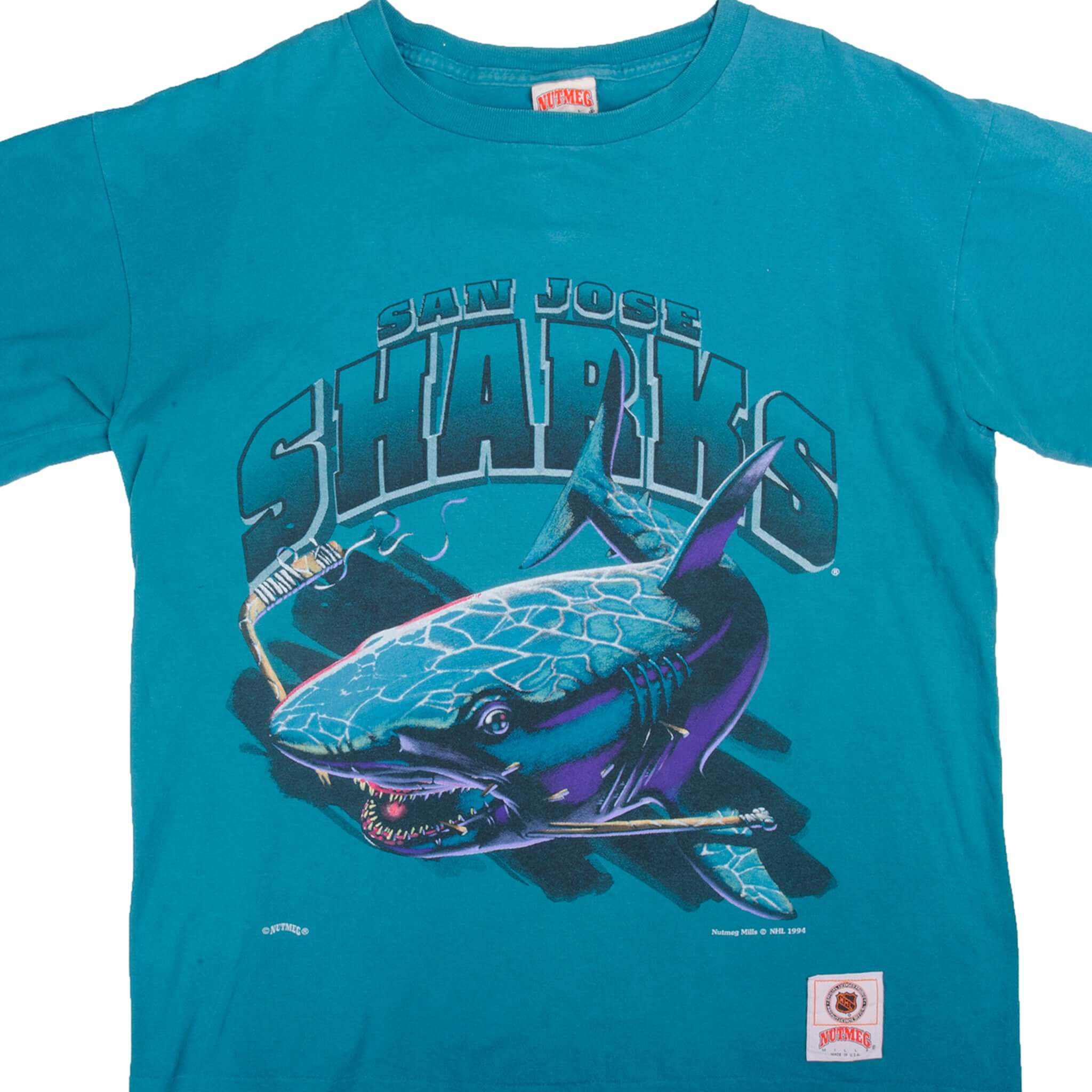 Vintage NHL San Jose Sharks Tee Shirt 1991 Size XL With Single Stitch Sleeves. Made In USA. Nugmeg Label.   
