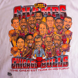 Vintage White NBA Chicago Bulls 1996 Champions Tee Shirt Size 2XLarge With Single Stitch Sleeves. Made In USA.