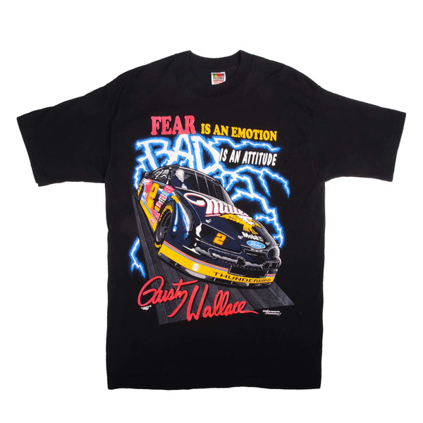 Vintage Nascar Rusty Wallace Number 2 Fear Is An Emotion, Bad Is An Attitude Tee Shirt Size L. With Single Stitch Sleeves.