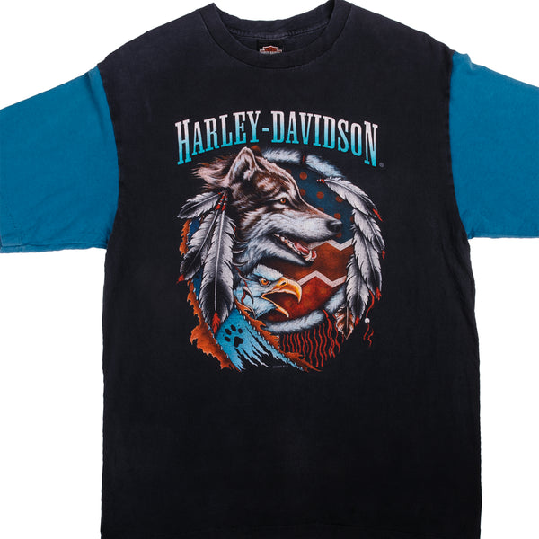 Vintage Blue Harley Davidson Wolf And Eagle Shirt 1996 Size M With Single Stitch Sleeves. Made In USA