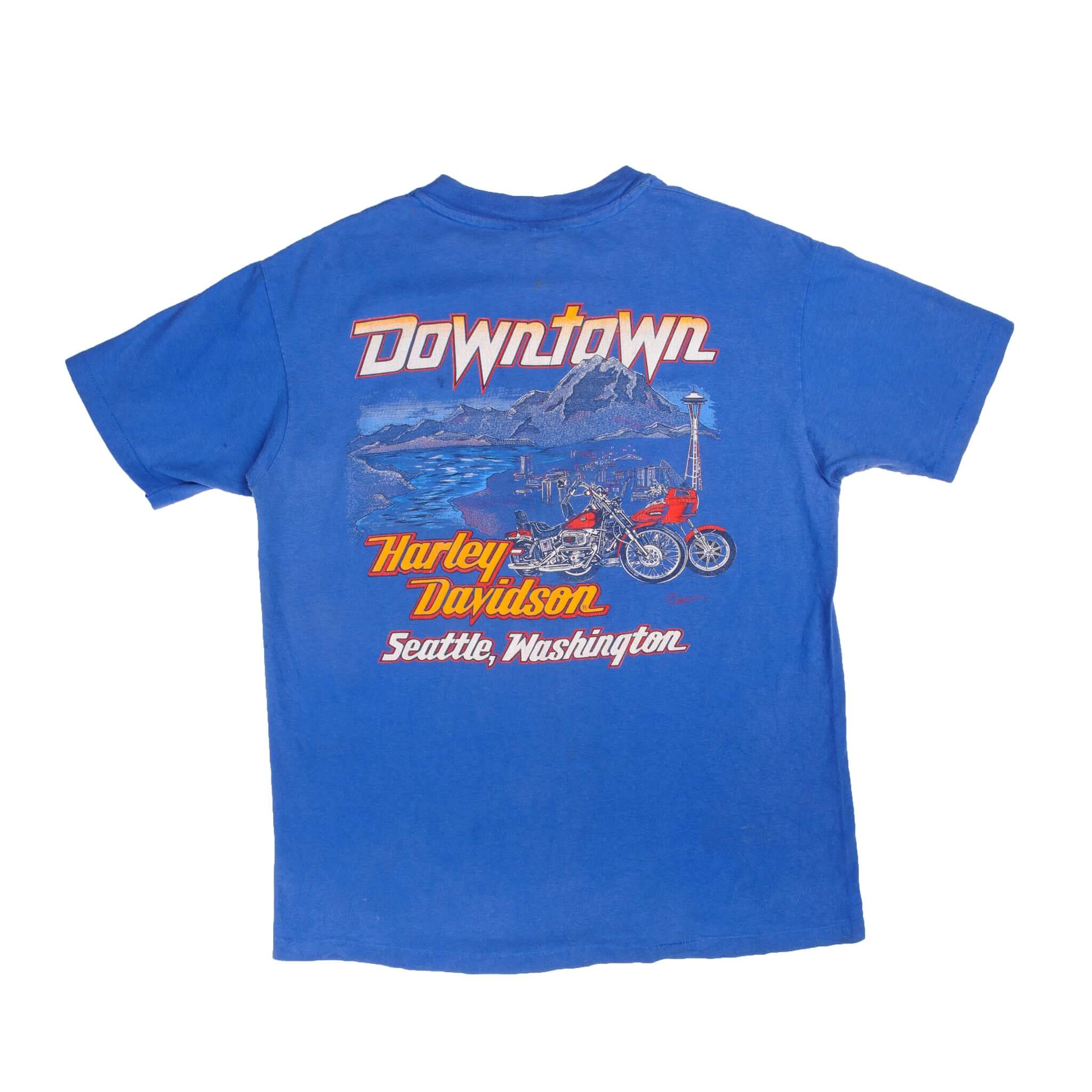 Vintage Blue Harley Davidson 1990 Sturgis 50th Anniversary Downtown Seattle, Washington Tee Shirt 1984 Size L With Single Stitch Made In USA