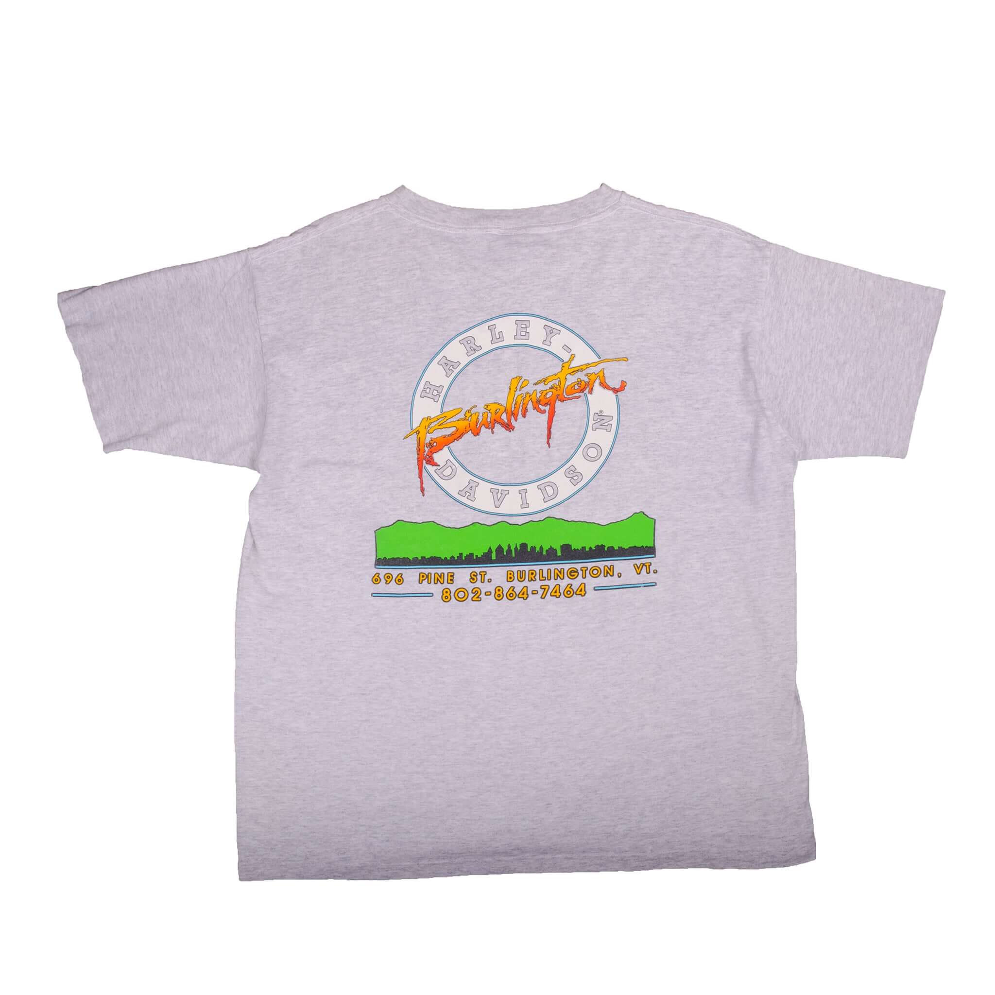 Vintage Grey American Tradition Harley Davidson Burlington, VT 1993 T Shirt Size XLarge With Single Stitch Sleeves. Made In USA.