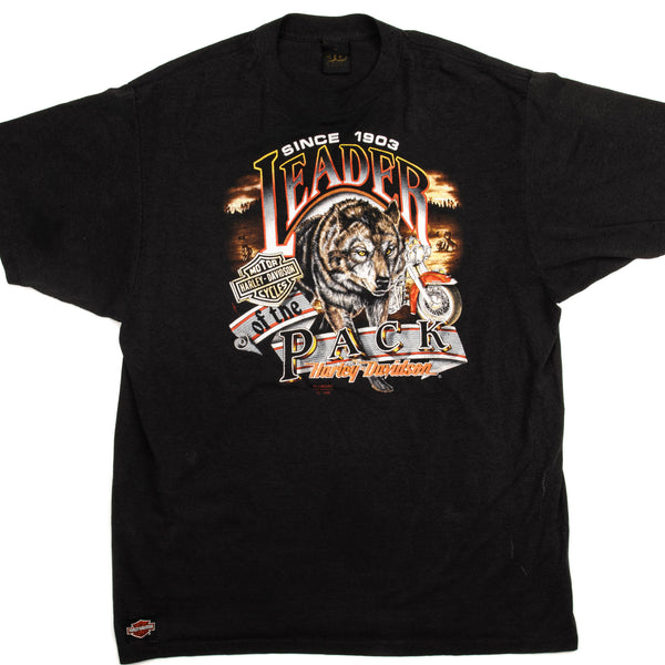 Vintage 3D Emblem Harley Davidson Leader Of The Pack Tee Shirt 1990 Size XL Made In USA BLACK