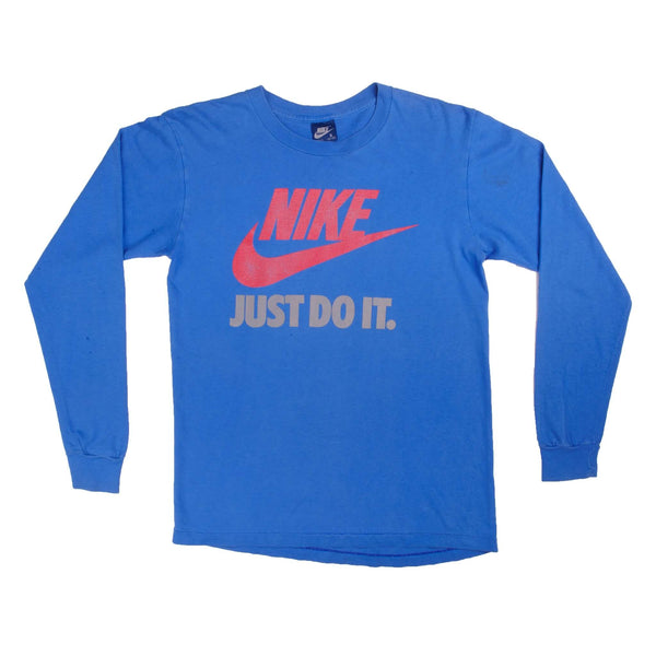 Vintage Blue Nike Just Do It Long Sleeve Tee Shirt 1984-1987 Size S. Made In USA. With Single Stitch. Nike Blue Label