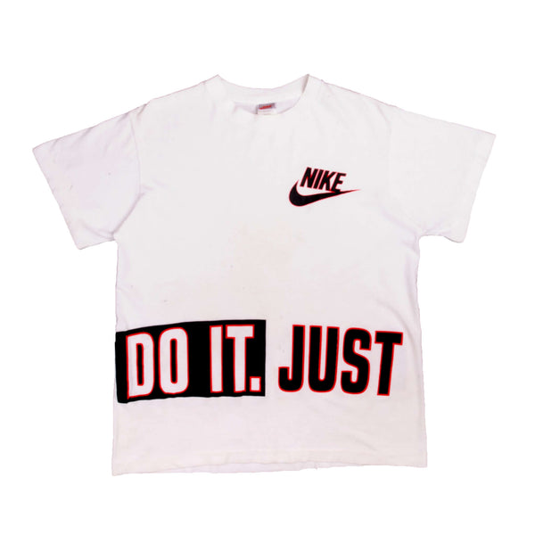 Vintage White Nike Big Logo Tee Shirt 1987-1994 Size L Made In USA With Single Stitch Sleeves. Nike Grey Label.