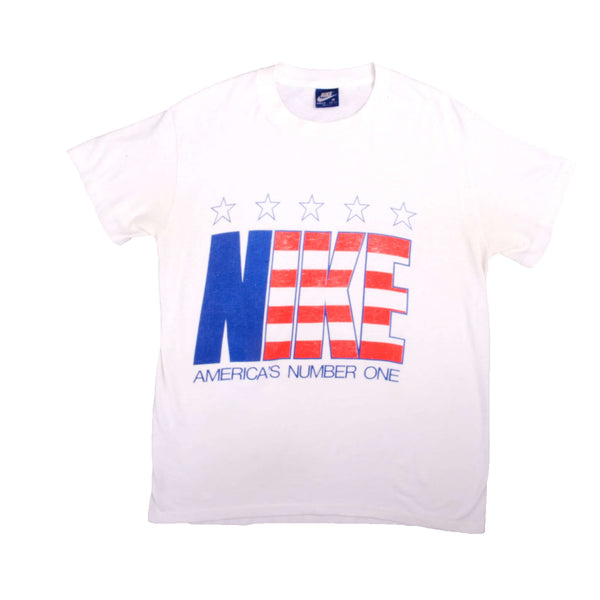 Vintage White Nike Americas Number One Tee Shirt 1984-1987 Size M Made In USA With Single Stitch Sleeves. Nike Blue Label.