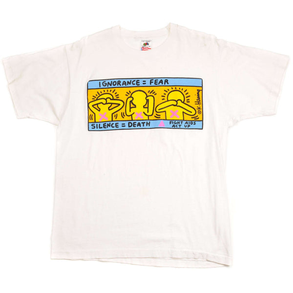 Vintage Keith Haring Fight Aids Tee Shirt 1990'S Size L Made In USA. Ignorance, Fear, Silence, Death  White 