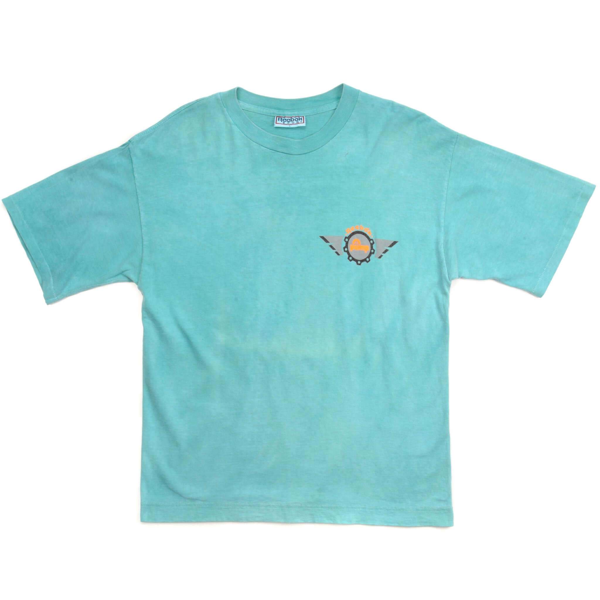 Vintage Reebok Pump Pumped On Hoops Tee Shirt Size Medium Made In USA. TURQUOISE