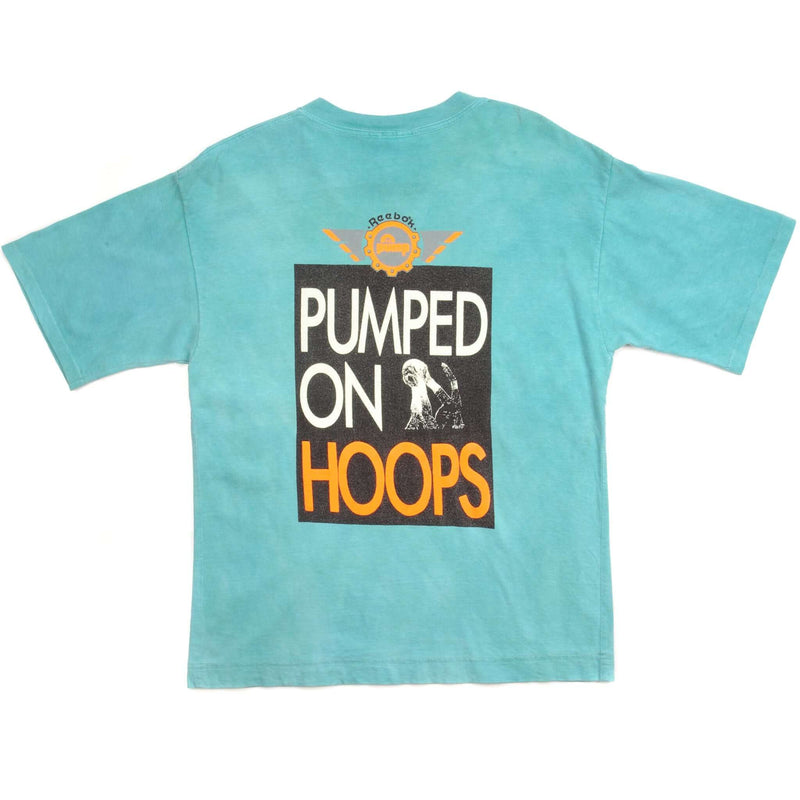 Vintage Reebok Pump Pumped On Hoops Tee Shirt Size Medium Made In USA. TURQUOISE