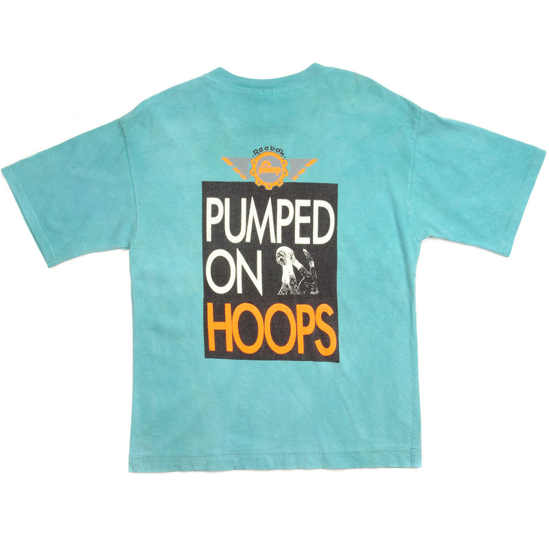 Vintage Reebok Pump Pumped On Hoops Tee Shirt Size Medium Made In USA. TURQUOISE