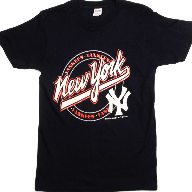 Vintage Champion MLB New York Yankees Tee Shirt 1987 Size Small Made In USA blue.