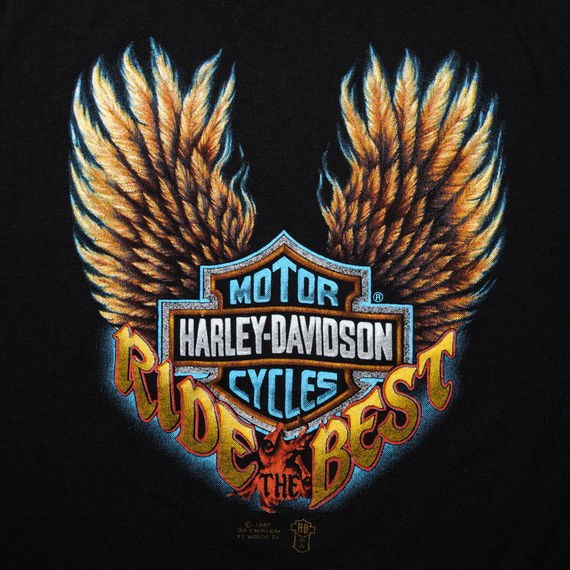 Vintage 3D Emblem Harley Davidson Ride The Best Black Hills Bike Week Classic Sturgis Tee Shirt 1987 Size Medium Made In USA with single stitch sleeves.