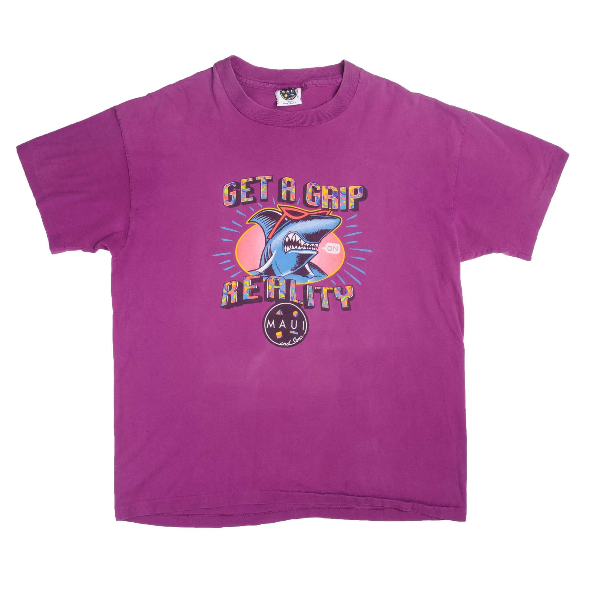 Vintage Purple Maui and Sons Get a Grip Reality  Tee Shirt 1994 Size XLarge Made In USA with single stitch sleeves.