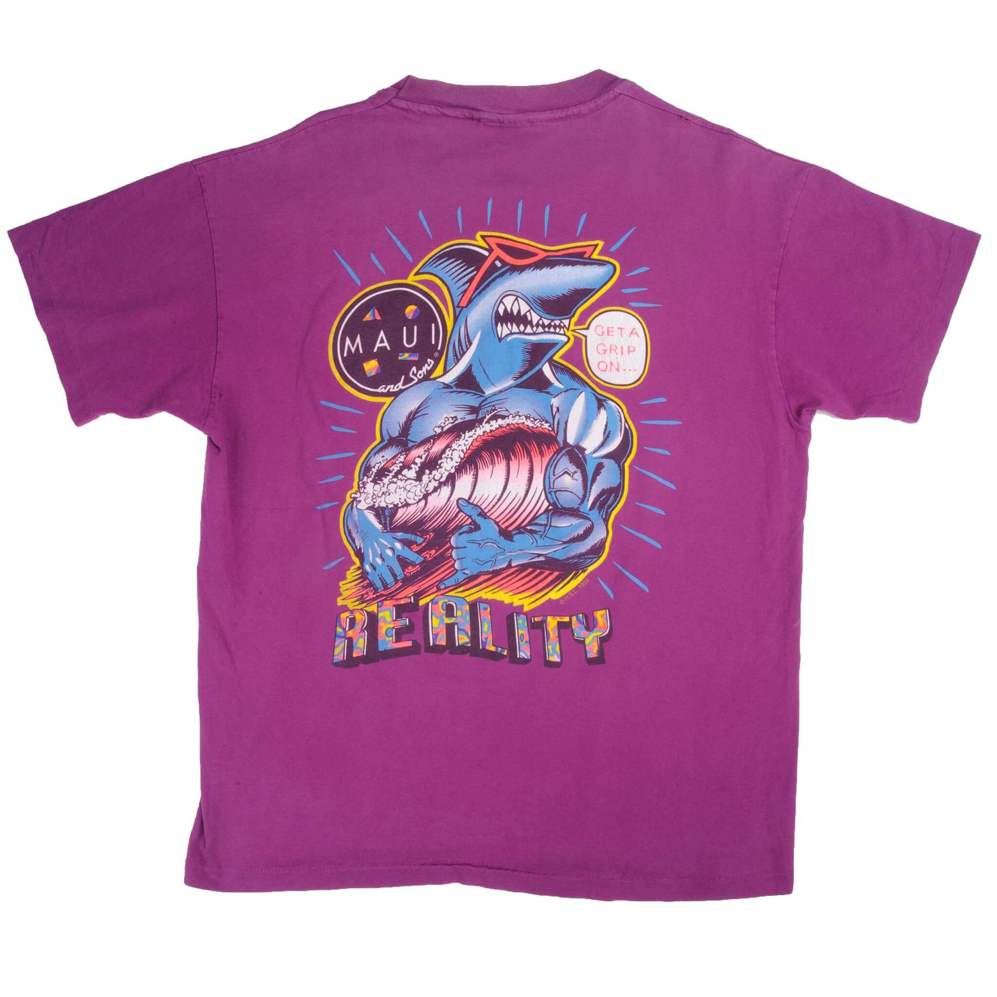 Vintage Purple Maui and Sons Get a Grip Reality  Tee Shirt 1994 Size XLarge Made In USA with single stitch sleeves.
