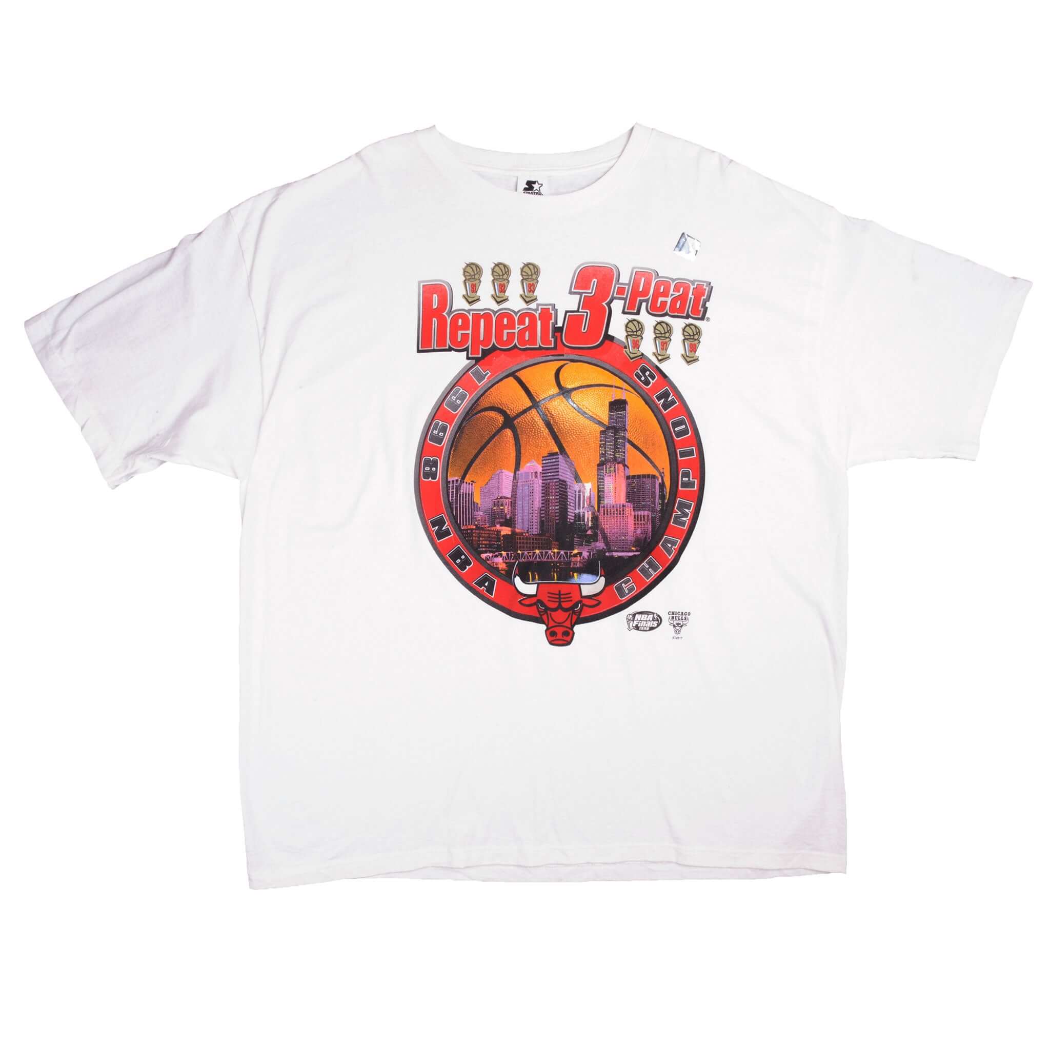 Vintage Dead Stock White NBA Chicago Bulls 1998 Champion Repeat 3-Peat Tee Shirt Size 2XLarge. Made In USA