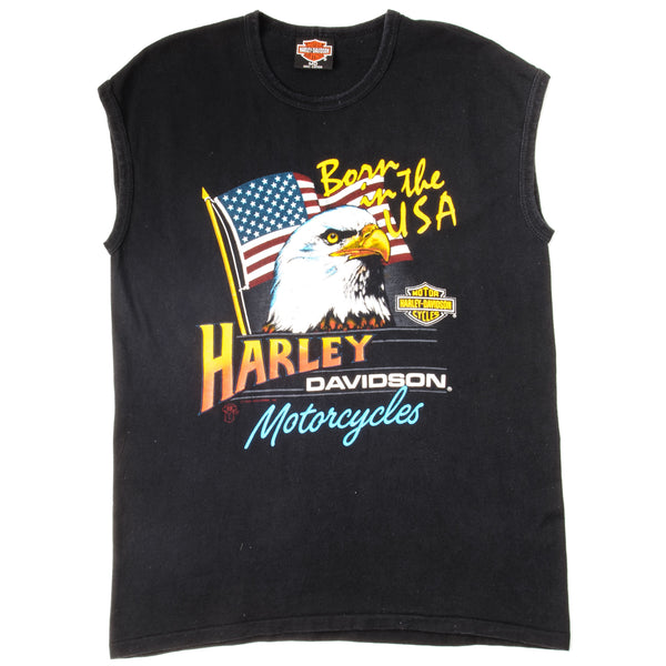 Vintage Harley Davidson Born In The USA Sleeveless Tee Shirt Size Medium Made In USA. BLACK