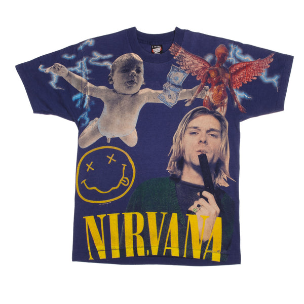 Vintage Blue All Over Print Nirvana Kurt Cobain 1967-1994 Screen Stars Best Tee Shirt Size Large Made In USA With Single Stitch Sleeves.