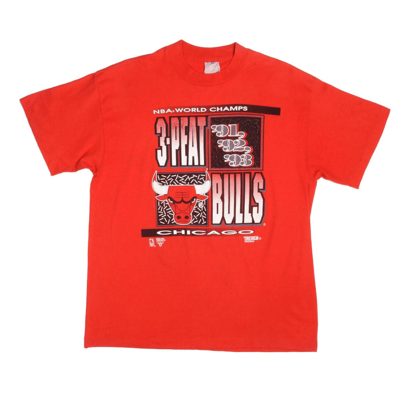 Vintage Red NBA Chicago Bulls 1991 1992 1993 World Champs Tee Shirt Size XLarge. Made In USA