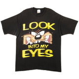 VINTAGE LOONEY TUNES TAZ LOOK INTO MY EYES TEE SHIRT 1996 SIZE XL MADE IN USA. BLACK
