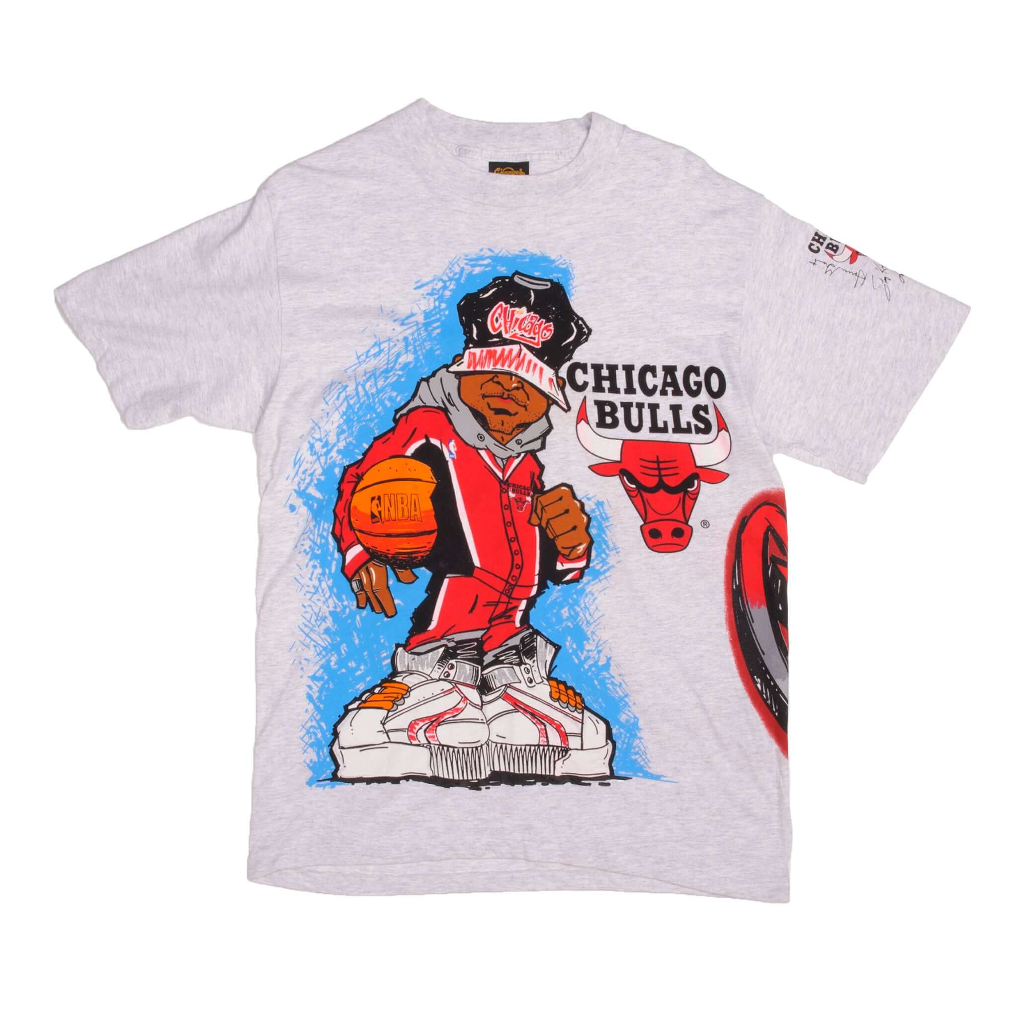 Vintage Grey All Over Print NBA Chicago Bulls 90S Tee Shirt Size Large. Made In USA