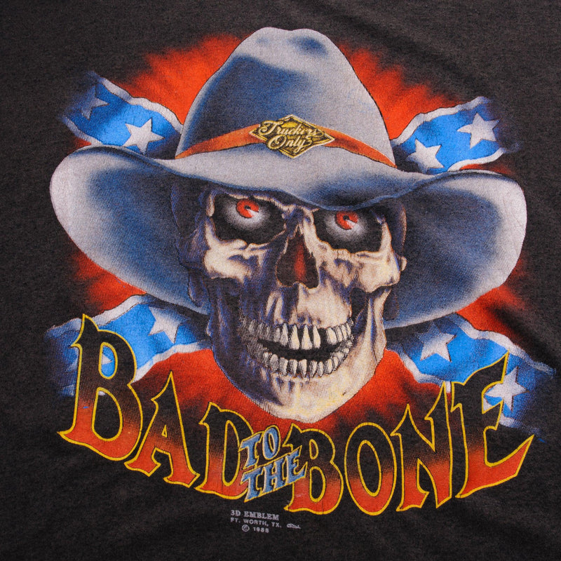 Vintage 3D Emblem Trucker Only Bad To The Bone Tee Shirt Size Large Made In USA With Single Stitch Sleeves