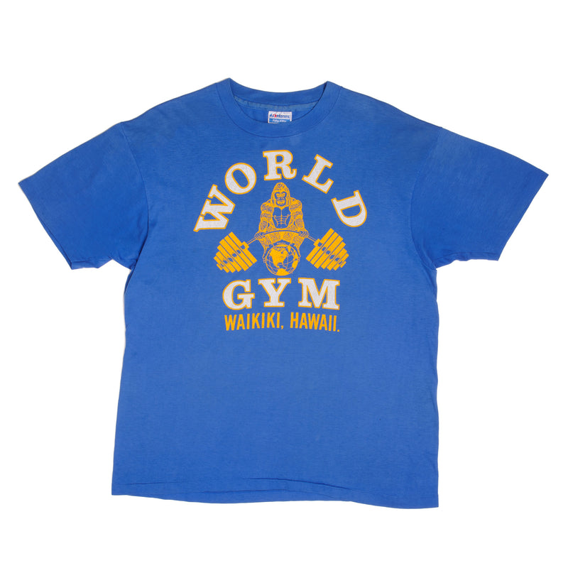 Vintage World Gym Waikiki Hawaii Illustration by Drasin Tee Shirt 1990S Size XL Made In USA With Single Stitch Sleeves