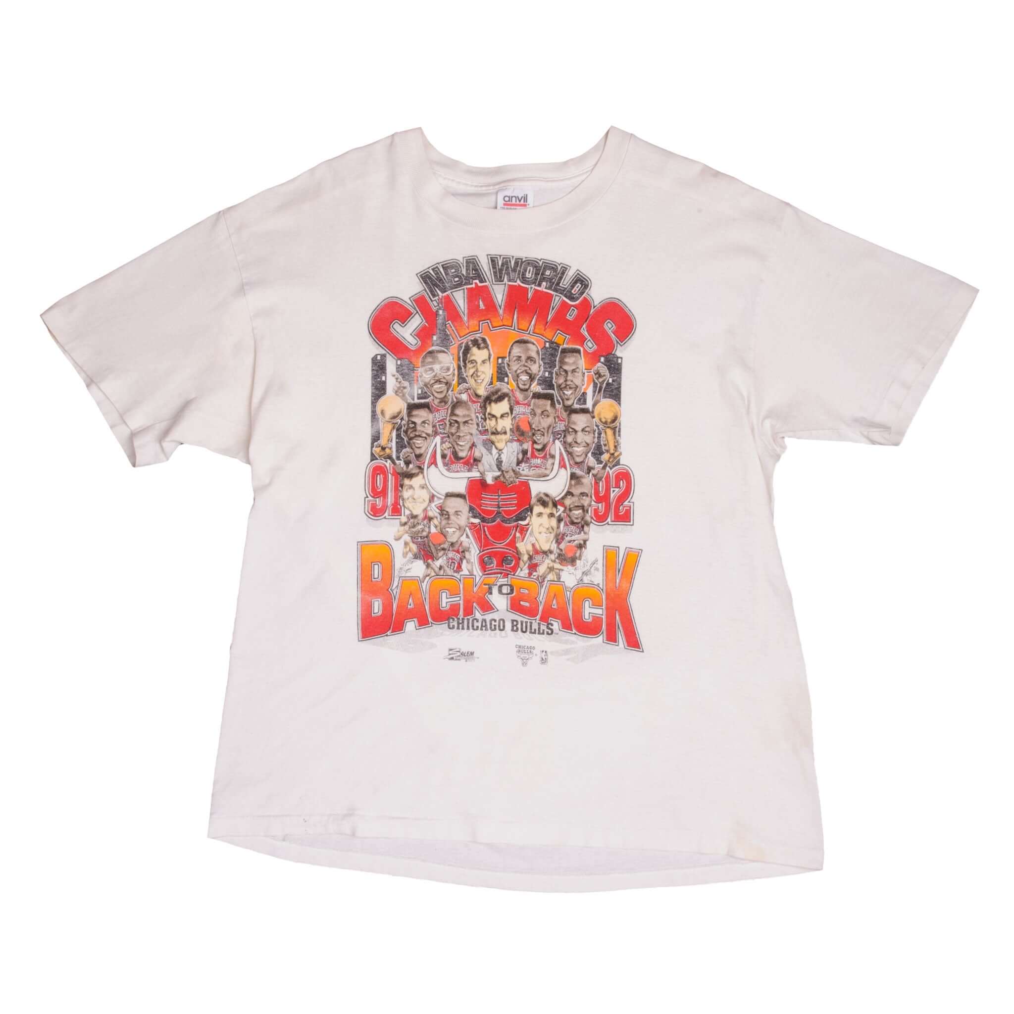 Vintage White NBA Chicago Bulls 1991 1992 Back To Back Champions Tee Shirt Size XL With Single Stitch Sleeves. Made In USA.