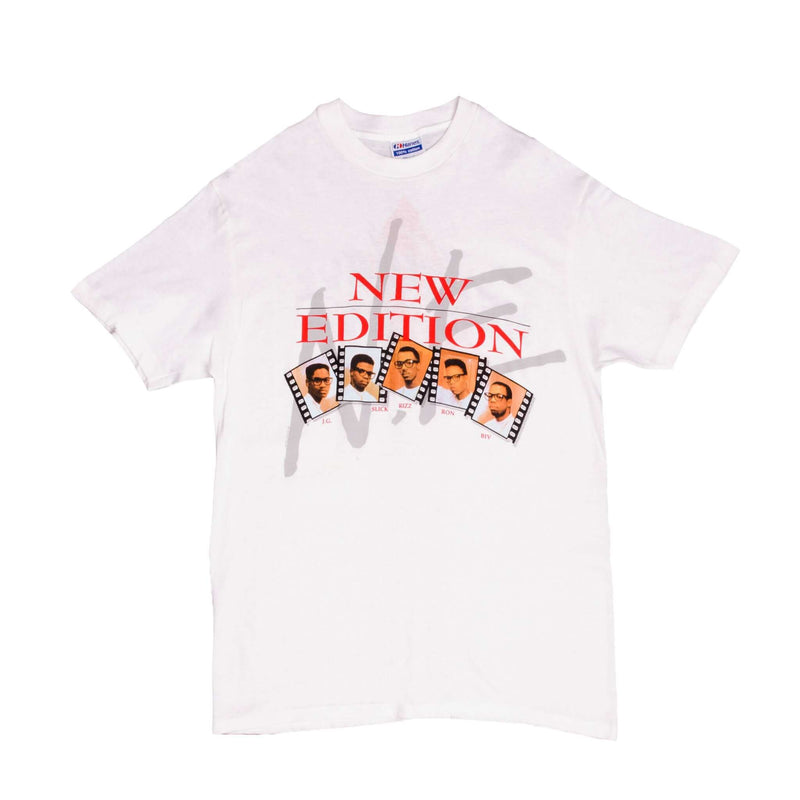 Vintage New Edition Heatwave 1989 With Ronnie DeVoe, Bobby Brown, Ricky Bell, and Michael Bivins Tee Shirt Size Medium Made In USA With Single Stitch Sleeves.