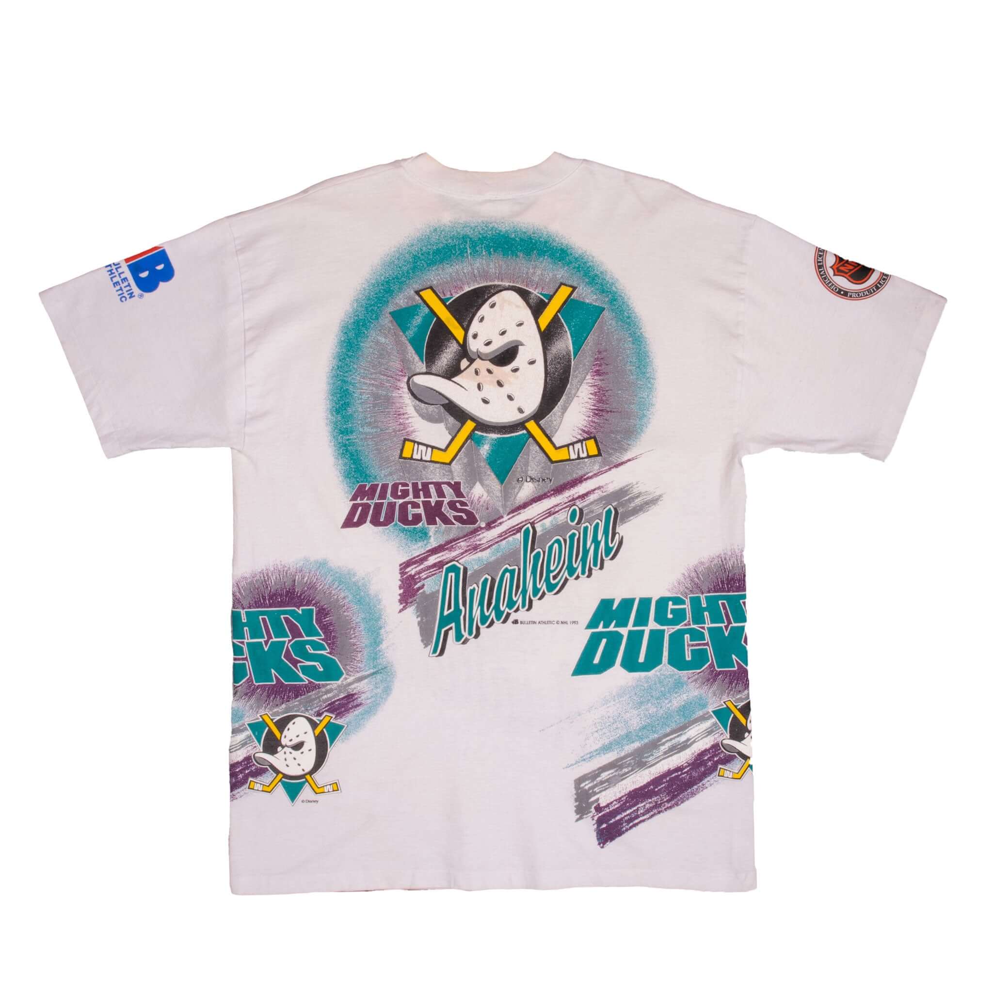 VINTAGE NHL ALL OVER PRINT DISNEY ANAHEIM MIGHTY DUCKS TEE SHIRT 1993 SIZE  XL MADE IN CANADA