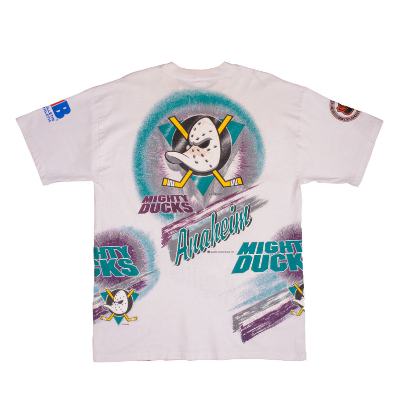 Vintage NHL All Over Print Disney Anaheim Mighty Ducks Tee Shirt 1993 Size XL Made In Canada