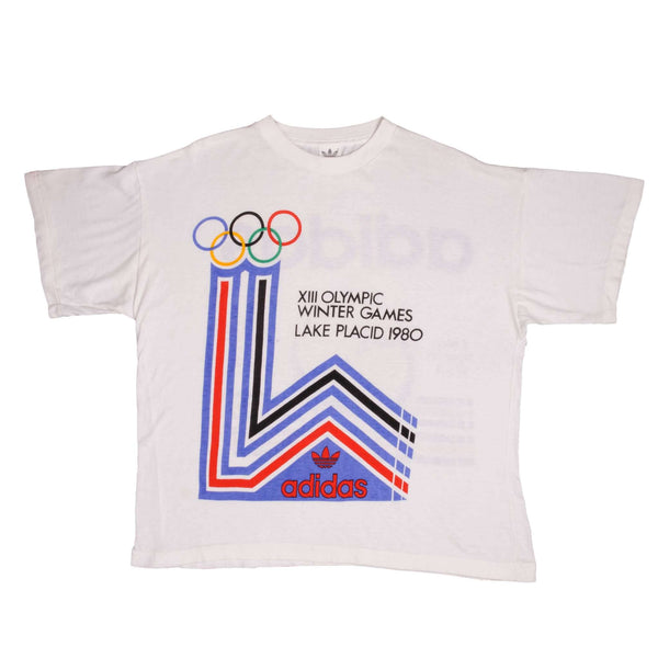 Vintage Adidas XIII Olympic Winter Games Lake Placid Tee Shirt 1980 Size Medium With Single Stitch Sleeves.