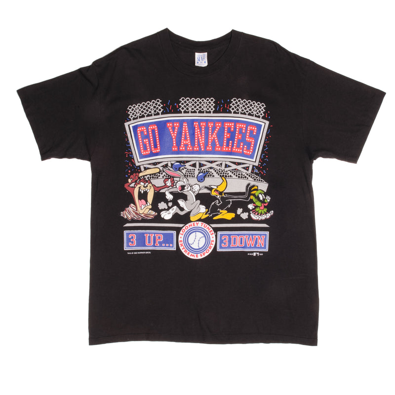 Vintage MLB NY Yankees Warner Bros Looney Tunes Go Yankees 3up 3down Tee Shirt 1993 Size Small Made In USA With Single Stitch Sleeves