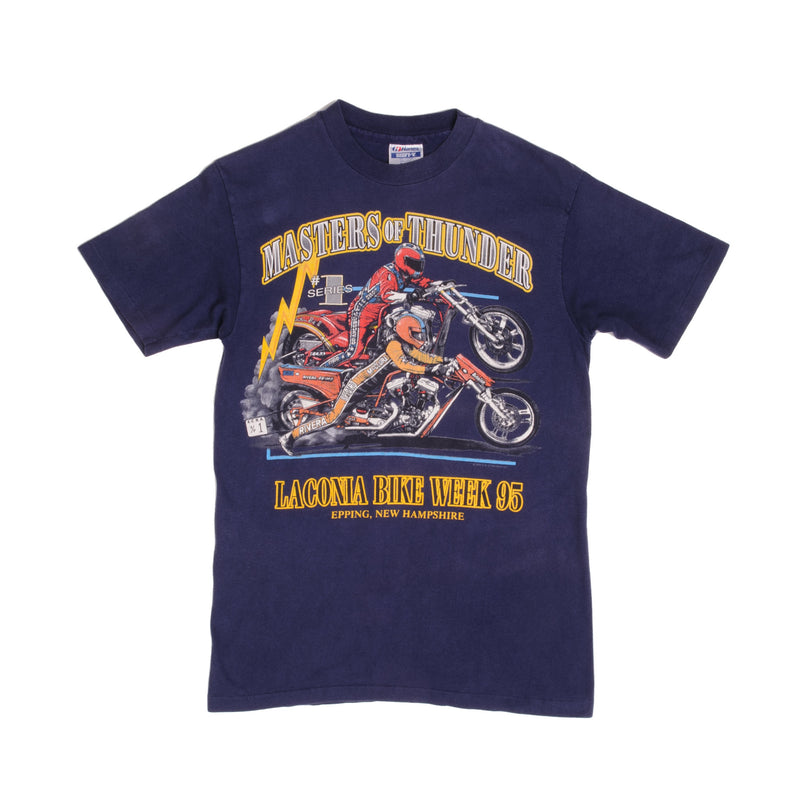 Vintage Harley Davidson Master Of Thunder Laconia Bike Week 95 Epping, New Hampshire All Harley Drag Racing Tee Shirt 1995 Size Medium Made In Usa With Single Stitch Sleeves