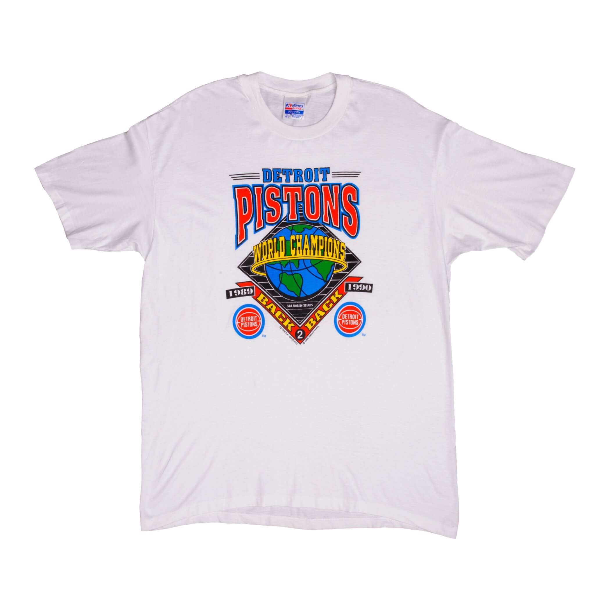 Vintage NBA Detroit Pistons World Champions Back To Back 1989 1990 Tee Shirt Size XLarge Made In USA. With Single Stitch Sleeves