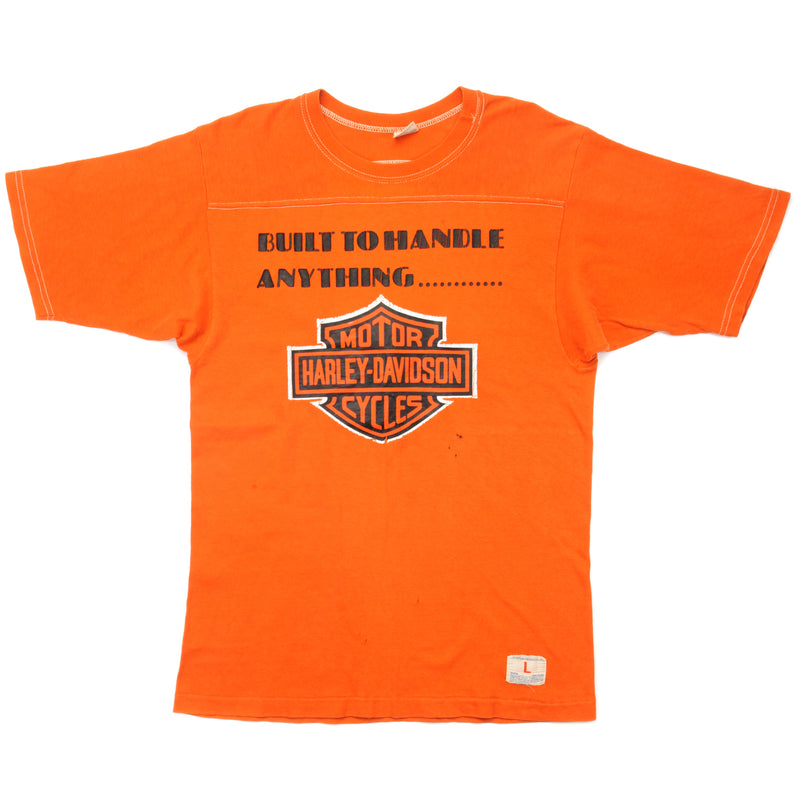 Vintage Champion Harley Davidson Built To Handle Anything Tee Shirt 1969-Early 1980'S Size Small Made In USA. ORANGE