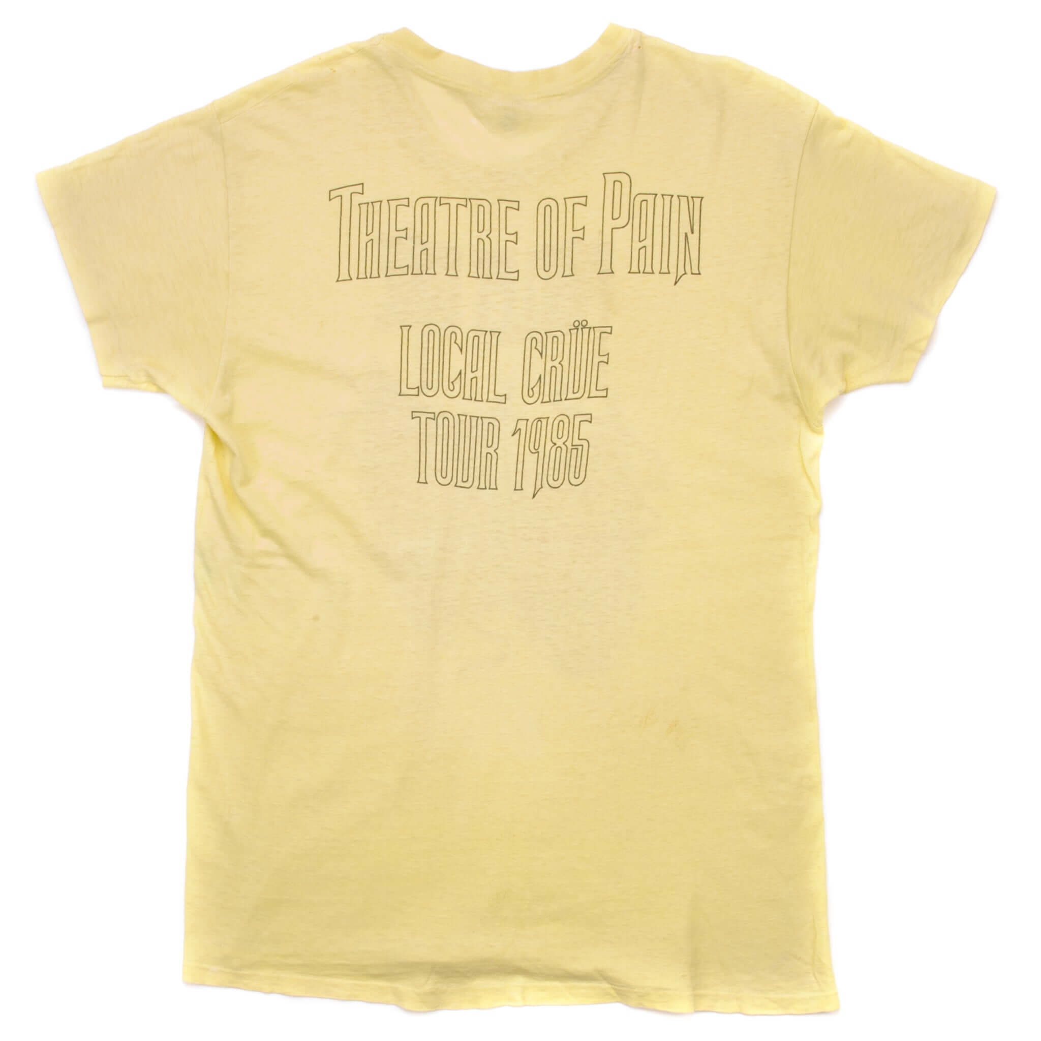 Vintage Motley Crue Theatre Of Pain Local Crue Tour Tee Shirt 1985 Size Medium Made In USA. yellow