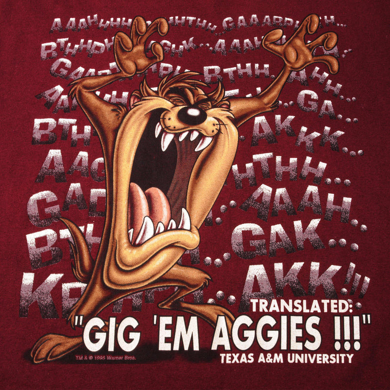 Vintage Looney Tunes Taz Gig 'Em Aggies Tee Shirt 1995 Size XL Made In USA