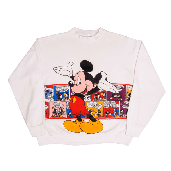 Vintage White Disney Mickey Mouse Cartoon Comics By Velva Sheen Sweatshirt 1980S Size Large Made In USA