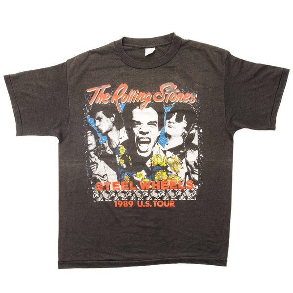 Vintage The Rolling Stones 1989 Steel Wheels US Tour Tee Shirt Size Large Made In USA With Single Stitch Sleeves. black